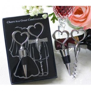 Bride and Groom Heart Wine Stopper and Corkscrew Set Favors